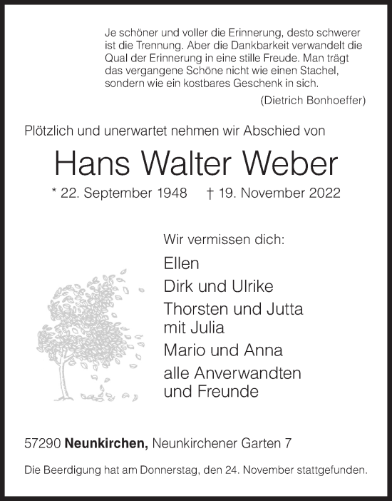 Traueranzeige von Hans Walter Weber von Siegener Zeitung