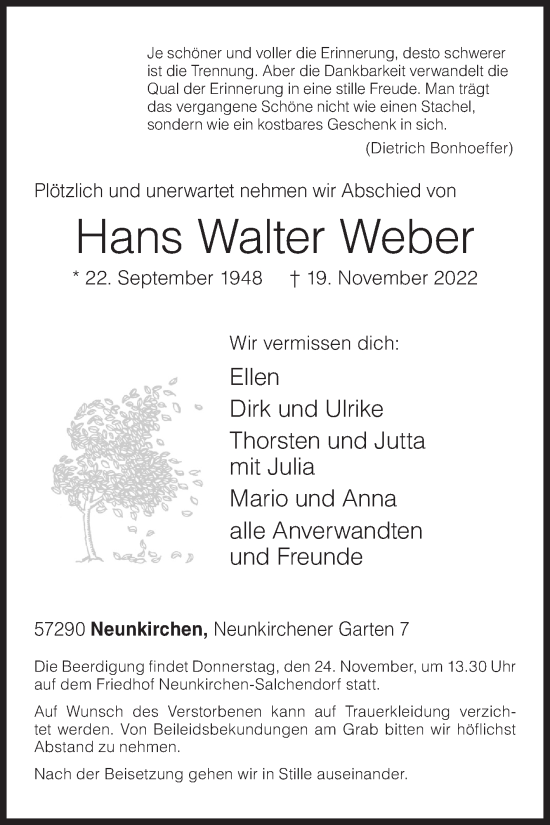 Traueranzeige von Hans Walter Weber von Siegener Zeitung