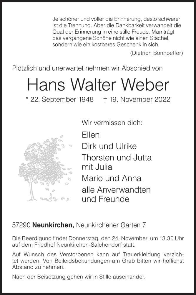  Traueranzeige für Hans Walter Weber vom 22.11.2022 aus Siegener Zeitung