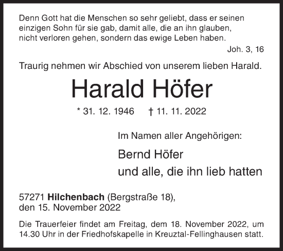 Traueranzeige von Harald Höfer von Siegener Zeitung