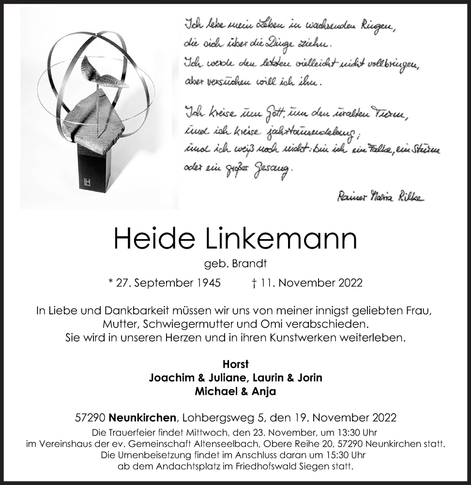  Traueranzeige für Heide Linkemann vom 19.11.2022 aus Siegener Zeitung