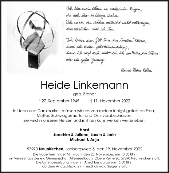 Traueranzeige von Heide Linkemann von Siegener Zeitung