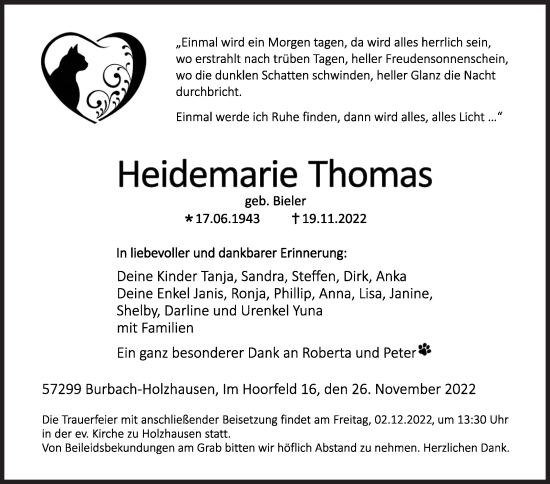 Traueranzeige von Heidemarie Thomas von Siegener Zeitung