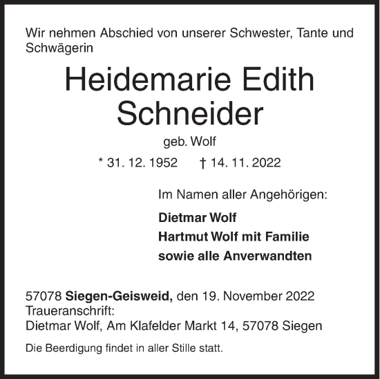 Traueranzeige von Heidemarie Edith Schneider von Siegener Zeitung