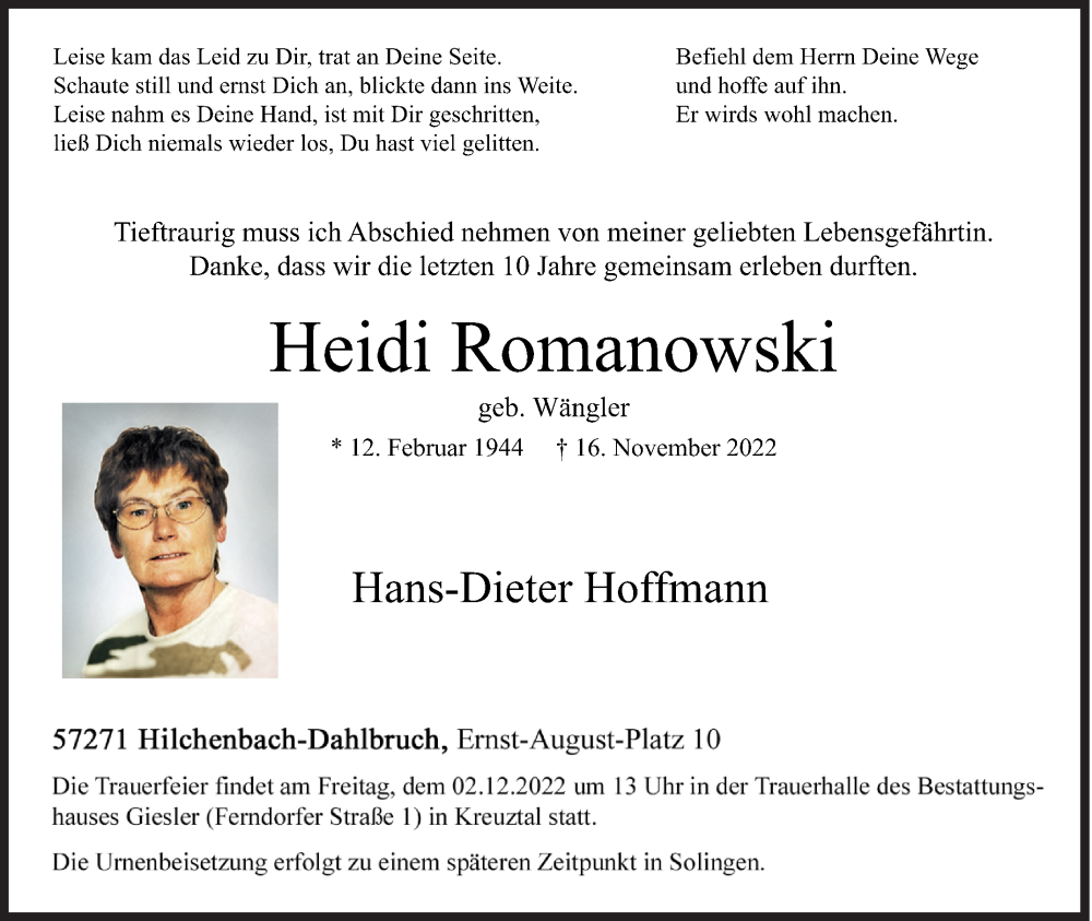  Traueranzeige für Heidi Romanowski vom 28.11.2022 aus Siegener Zeitung