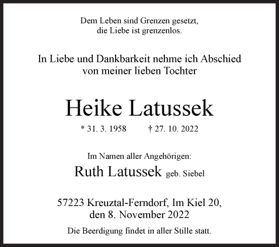 Traueranzeige von Heike Latussek von Siegener Zeitung