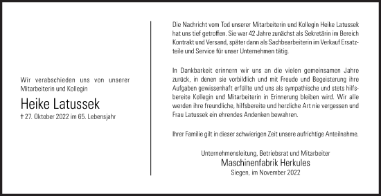 Traueranzeige von Heike Latussek von Siegener Zeitung