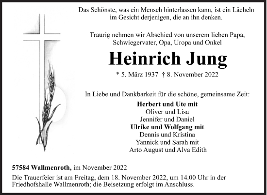 Traueranzeige von Heinrich Jung von Siegener Zeitung
