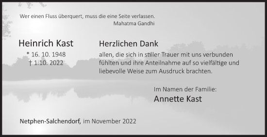 Traueranzeige von Heinrich Kast von Siegener Zeitung