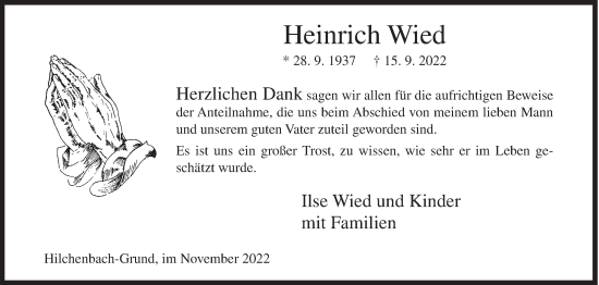 Traueranzeige von Heinrich Wied von Siegener Zeitung