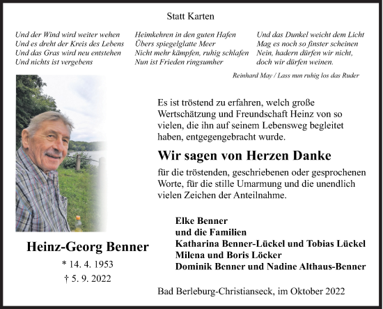 Traueranzeige von Heinz-Georg Benner von Siegener Zeitung