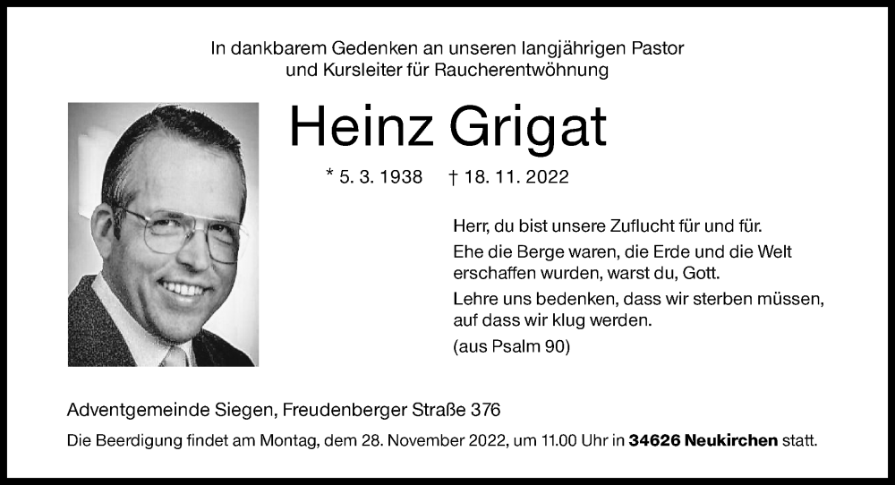  Traueranzeige für Heinz Grigat vom 28.11.2022 aus Siegener Zeitung