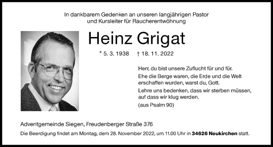 Traueranzeige von Heinz Grigat von Siegener Zeitung