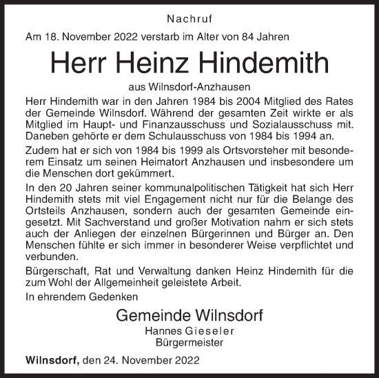 Traueranzeige von Heinz Hindemith von Siegener Zeitung