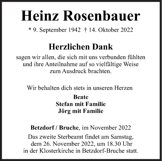 Traueranzeige von Heinz Rosenbauer von Siegener Zeitung