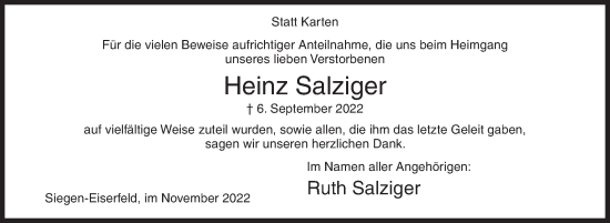 Traueranzeige von Heinz Salziger von Siegener Zeitung