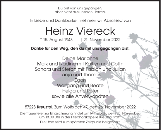 Traueranzeige von Heinz Viereck von Siegener Zeitung