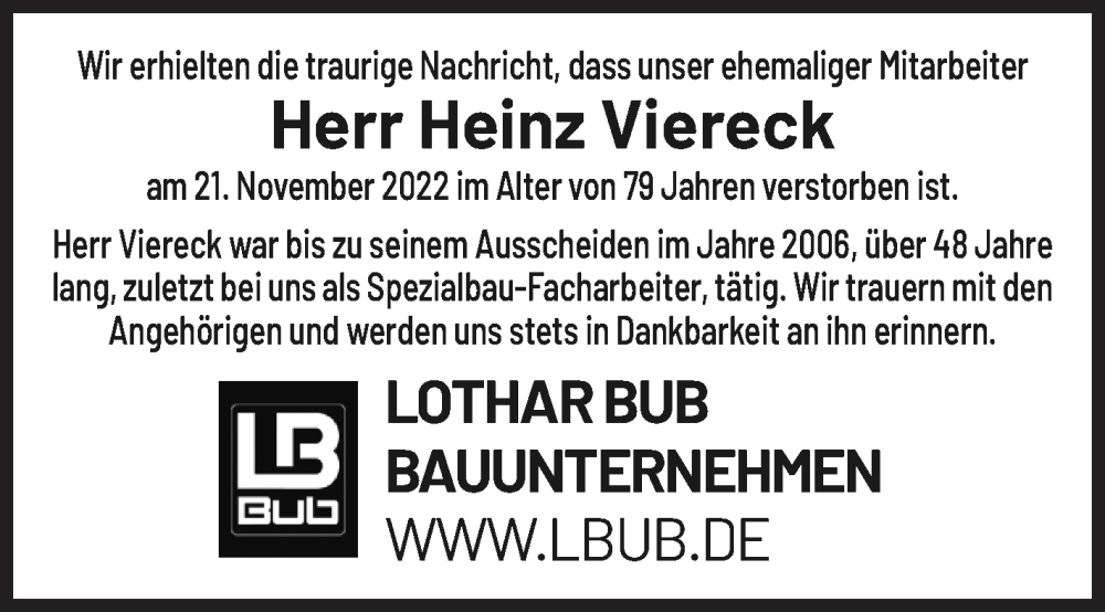  Traueranzeige für Heinz Viereck vom 26.11.2022 aus Siegener Zeitung