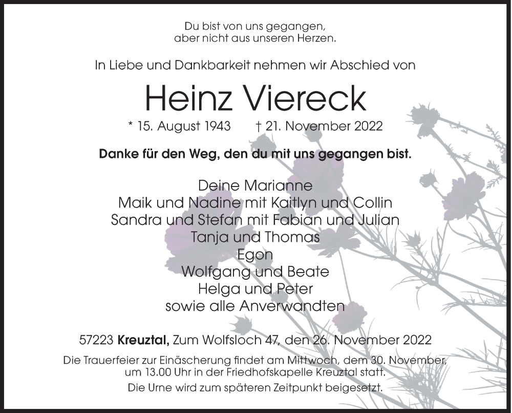  Traueranzeige für Heinz Viereck vom 26.11.2022 aus Siegener Zeitung