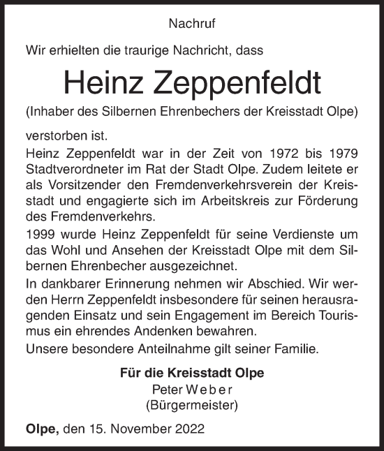 Traueranzeige von Heinz Zeppenfeldt von Siegener Zeitung