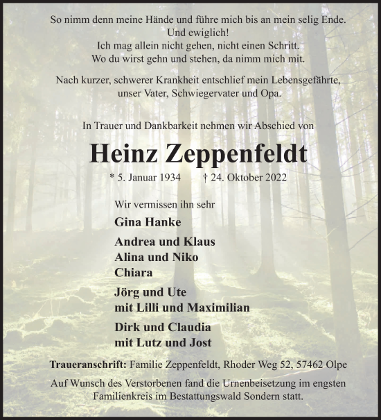 Traueranzeige von Heinz Zeppenfeldt von Siegener Zeitung