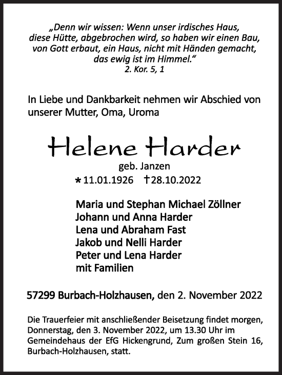 Traueranzeige von Helene Harder von Siegener Zeitung