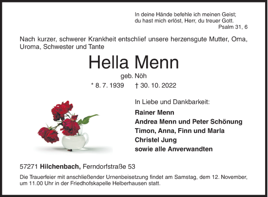 Traueranzeige von Hella Menn von Siegener Zeitung