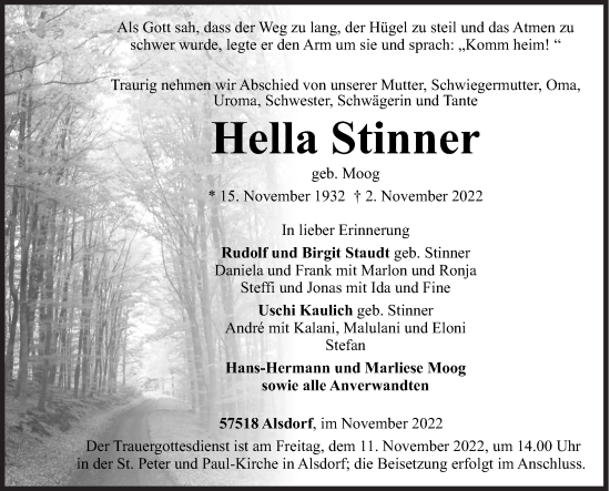 Traueranzeige von Hella Stinner von Siegener Zeitung