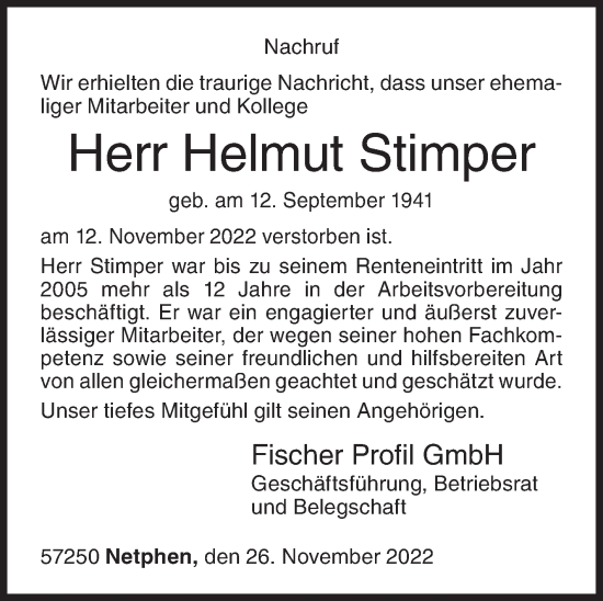 Traueranzeige von Helmut Stimper von Siegener Zeitung