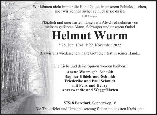 Traueranzeige von Helmut Wurm von Siegener Zeitung