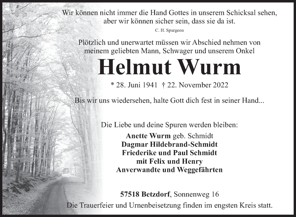  Traueranzeige für Helmut Wurm vom 26.11.2022 aus Siegener Zeitung