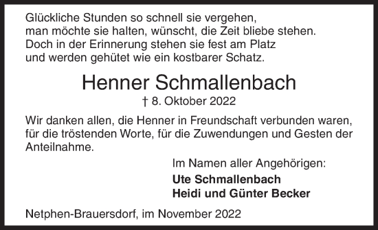 Traueranzeige von Henner Schmallenbach von Siegener Zeitung
