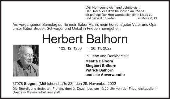 Traueranzeige von Herbert Balhorn von Siegener Zeitung