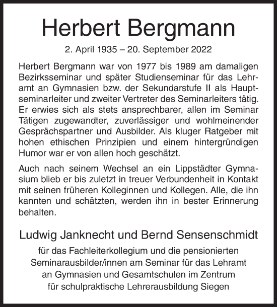 Traueranzeige von Herbert Bergmann von Siegener Zeitung