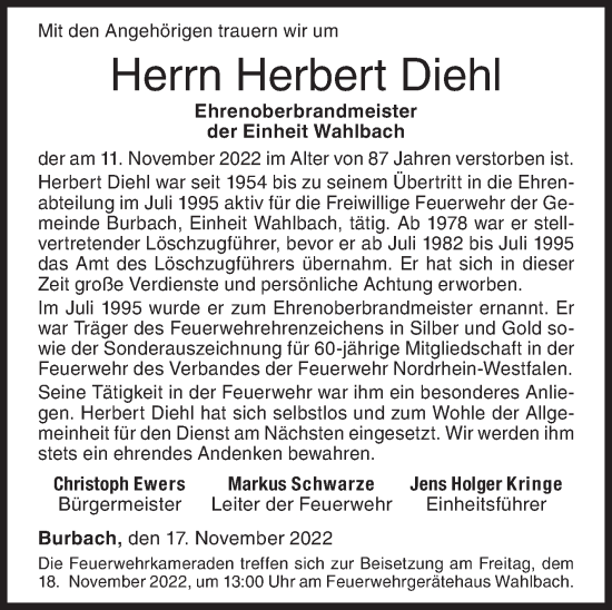 Traueranzeige von Herbert Diehl von Siegener Zeitung
