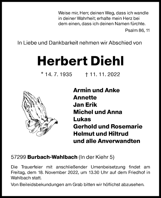 Traueranzeige von Herbert Diehl von Siegener Zeitung