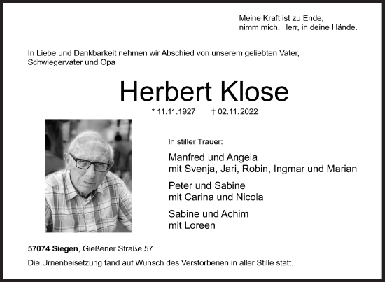 Traueranzeige von Herbert Klose von Siegener Zeitung