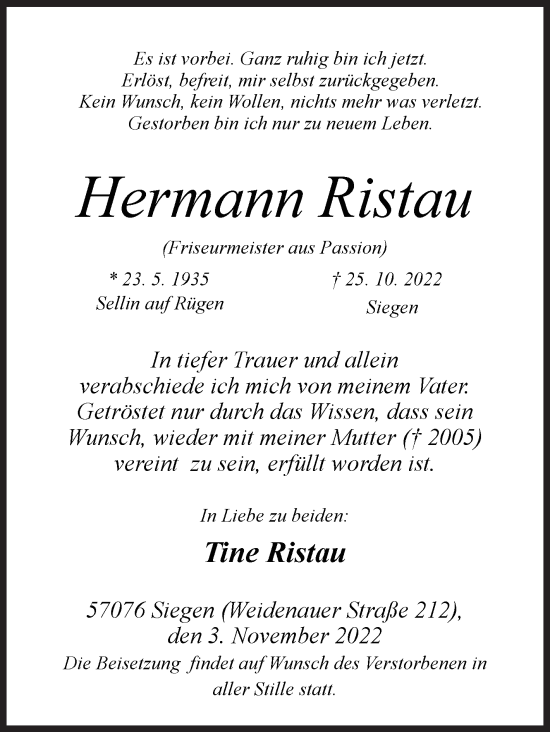 Traueranzeige von Hermann Ristau von Siegener Zeitung