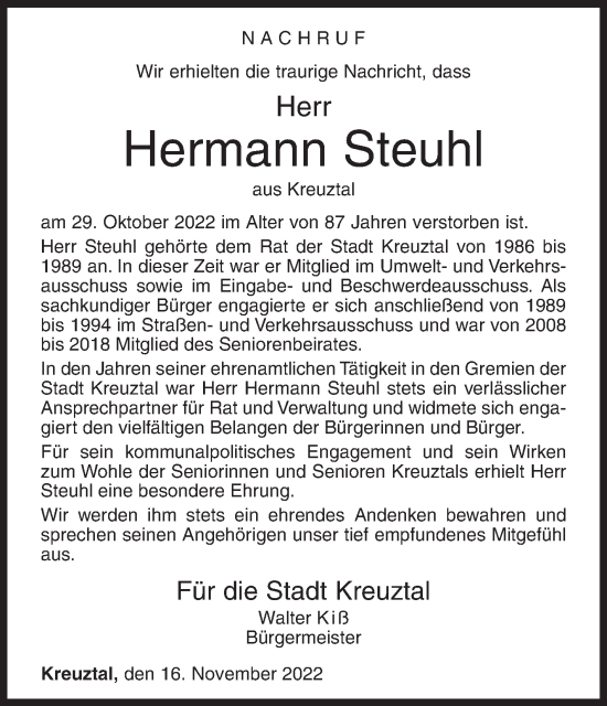 Traueranzeige von Hermann Steuhl von Siegener Zeitung