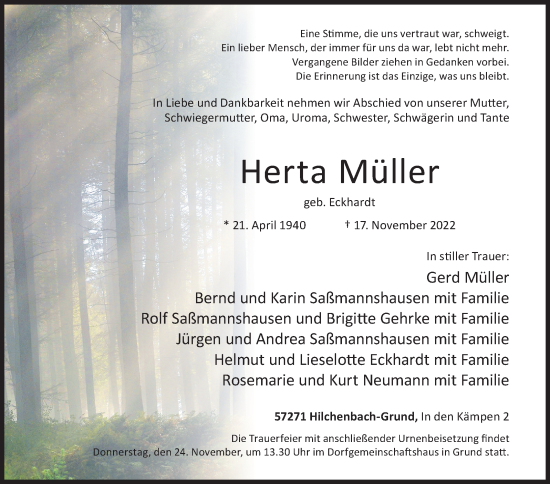Traueranzeige von Herta Müller von Siegener Zeitung