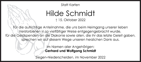 Traueranzeige von Hilde Schmidt von Siegener Zeitung