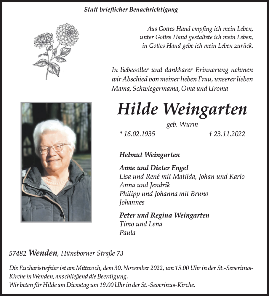  Traueranzeige für Hilde Weingarten vom 26.11.2022 aus Siegener Zeitung