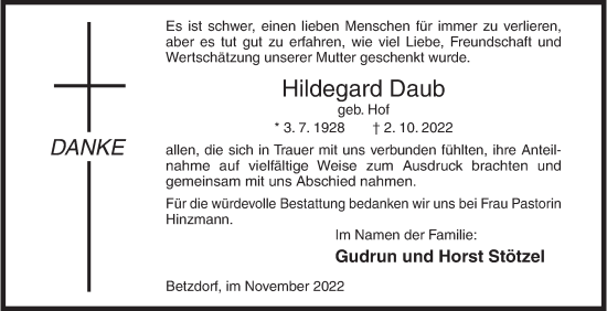 Traueranzeige von Hildegard Daub von Siegener Zeitung