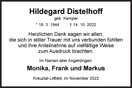 Traueranzeige von Hildegard Distelhoff von Siegener Zeitung