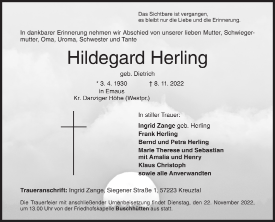 Traueranzeige von Hildegard Herling von Siegener Zeitung