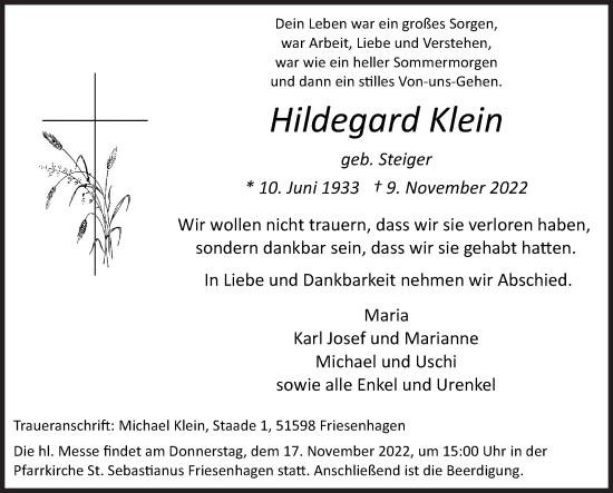 Traueranzeige von Hildegard Klein von Siegener Zeitung
