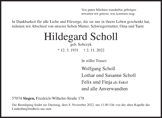 Traueranzeige von Hildegard Scholl von Siegener Zeitung