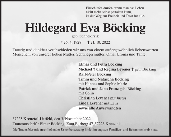 Traueranzeige von Hildegard Eva Böcking von Siegener Zeitung