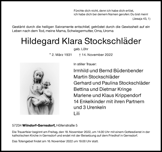 Traueranzeige von Hildegard Klara Stockschläder von Siegener Zeitung