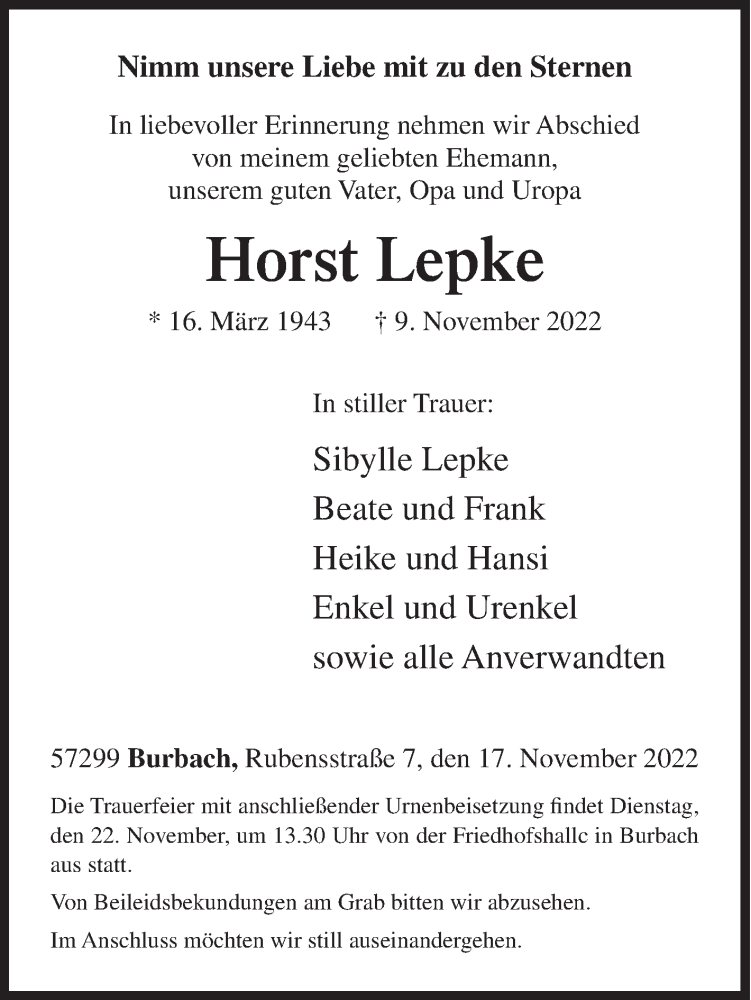  Traueranzeige für Horst Lepke vom 17.11.2022 aus Siegener Zeitung